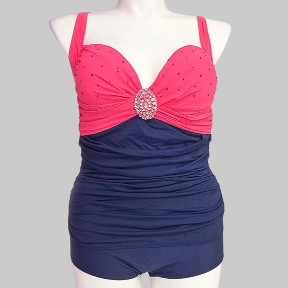 Plus 1Pc Ruched Front Swimsuit Women Size 14 Navy Blue Swimwear with Front Jewel - Picture 4 of 9
